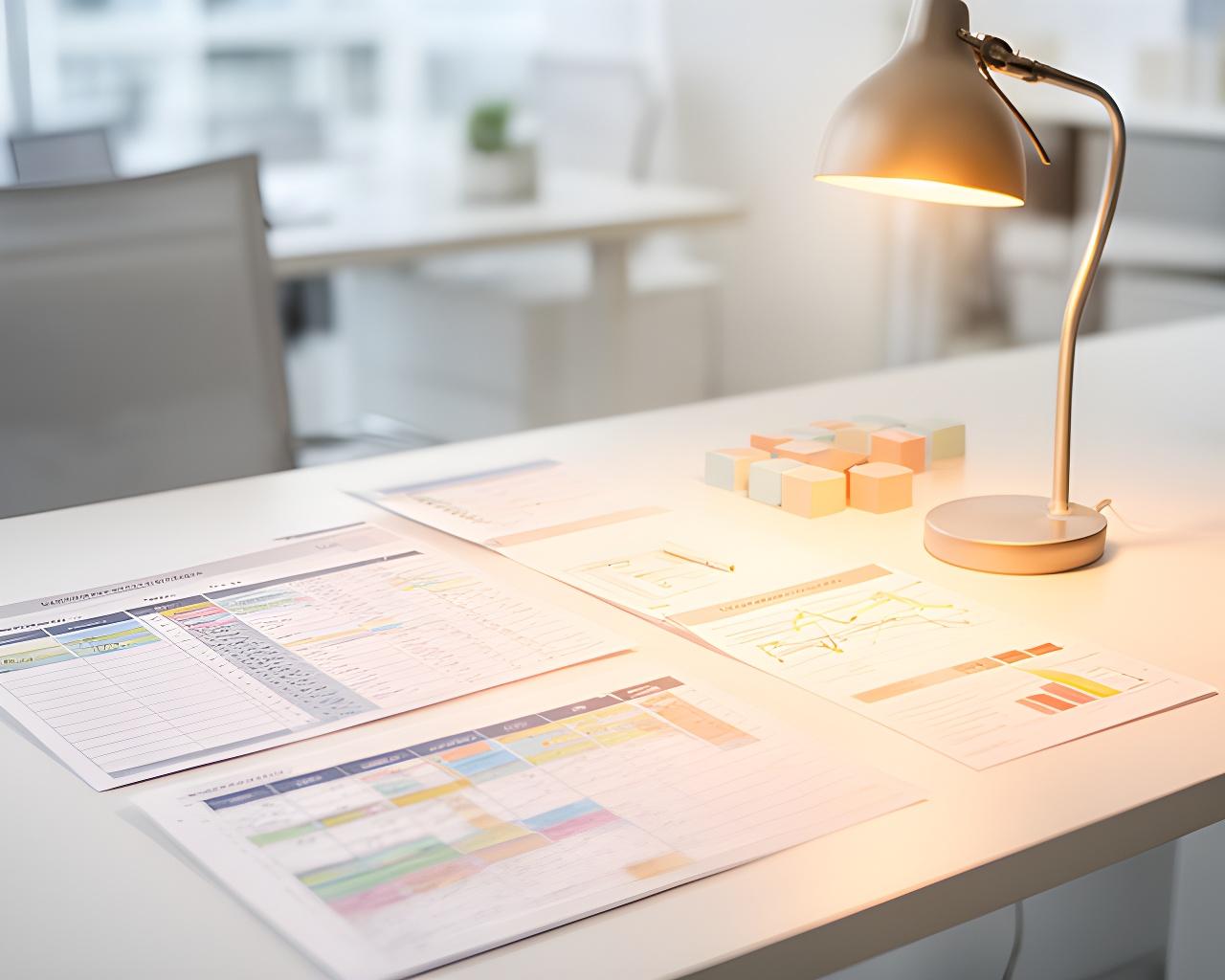 Resource planning workspace with printed schedules, annotated charts and a desk lamp in a bright office