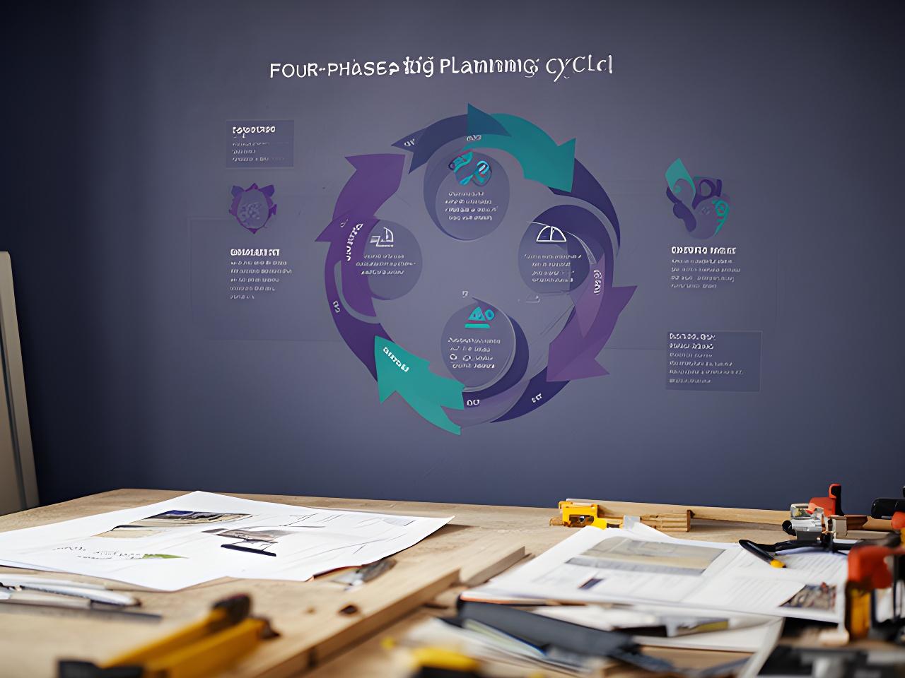 Four-phase planning cycle diagram displayed on a wall beside a workbench and site documents