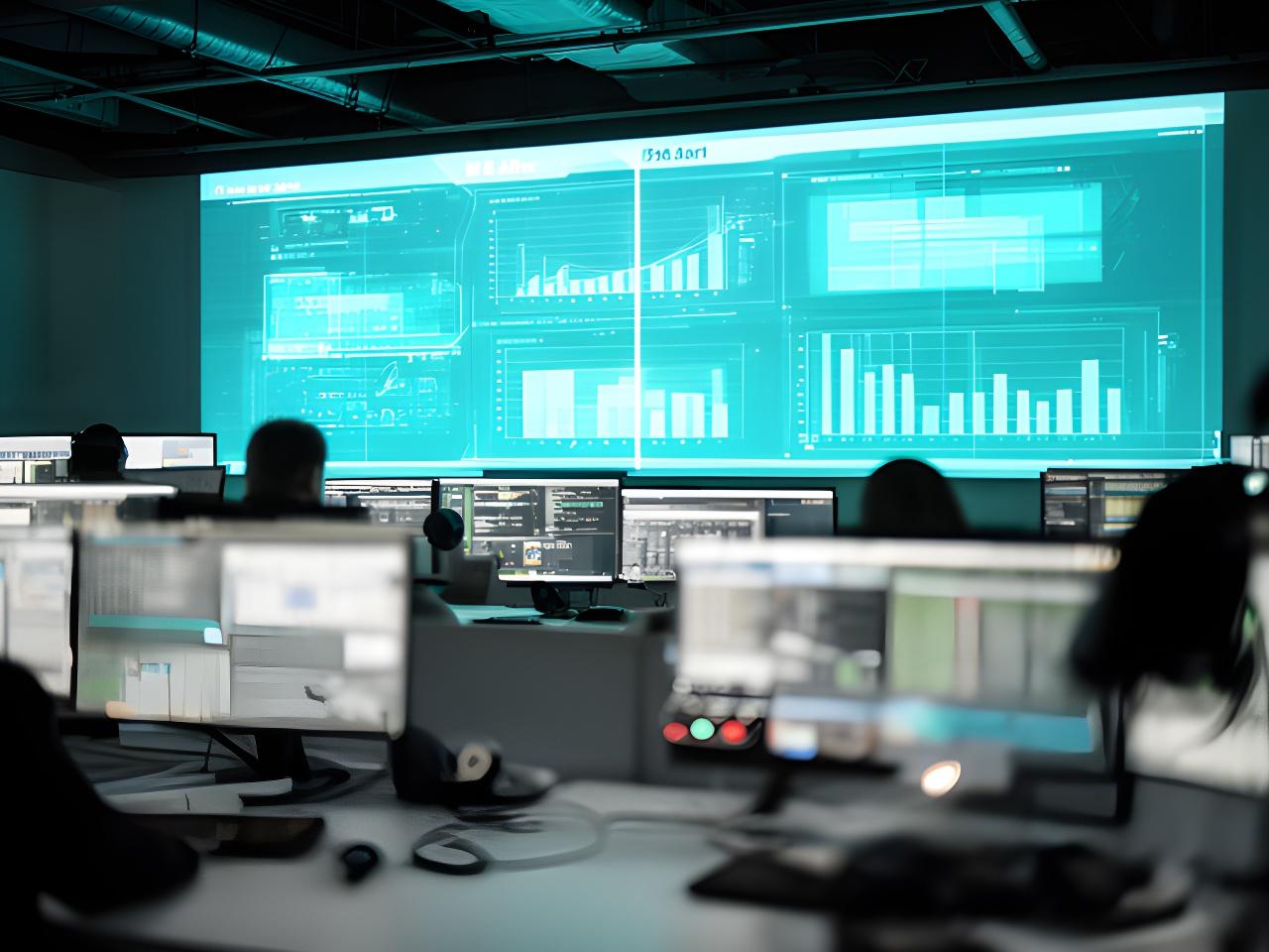 Operations dashboard comparing before and after performance charts in a control room