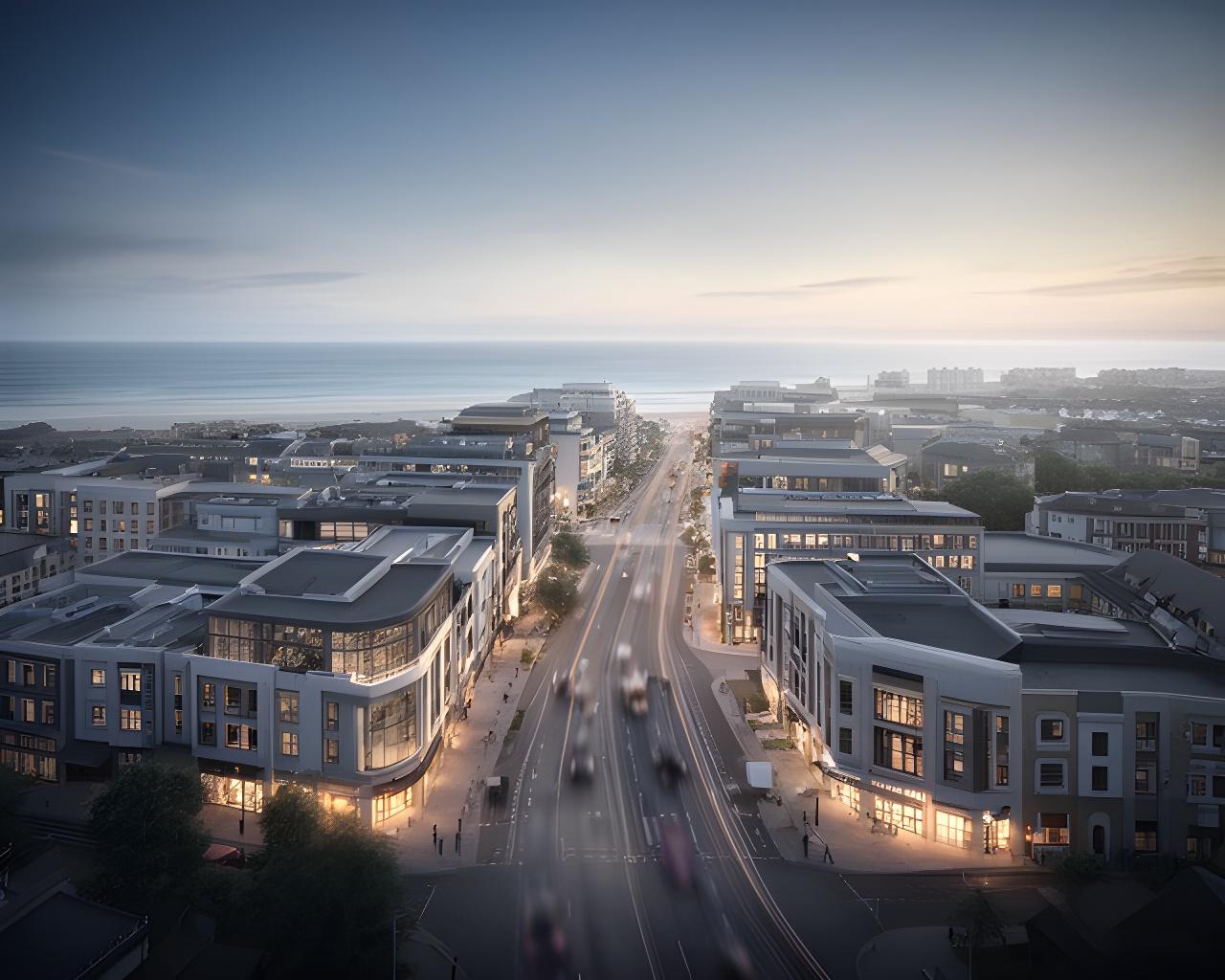 Stylised coastal business district near Havant with low buildings, road links and soft evening light