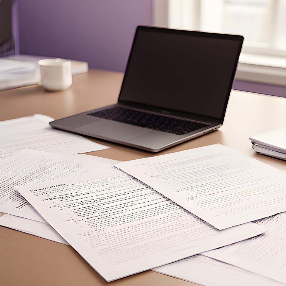 Printed legal documents spread across a desk beside a laptop in a quiet office