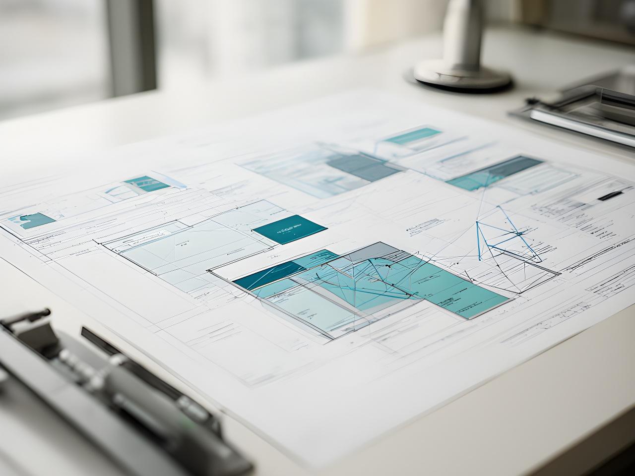 Blueprint spread across a planning desk beside a systems diagram and marked project notes