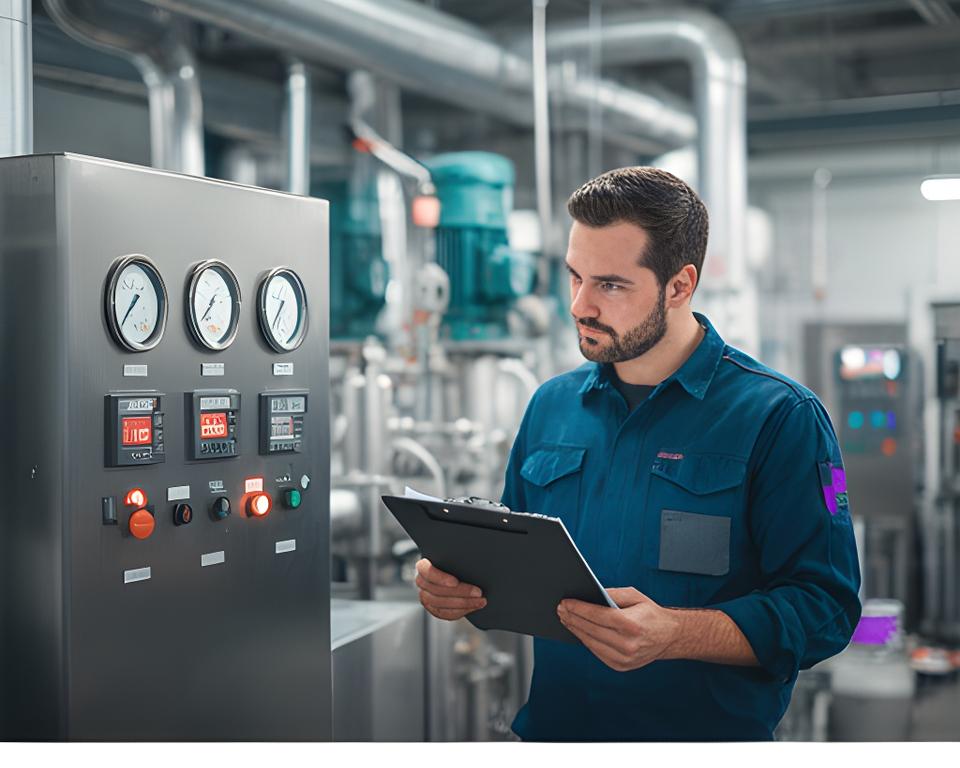 Engineer checking live plant readings beside gauges and clipped notes in a bright industrial workspace