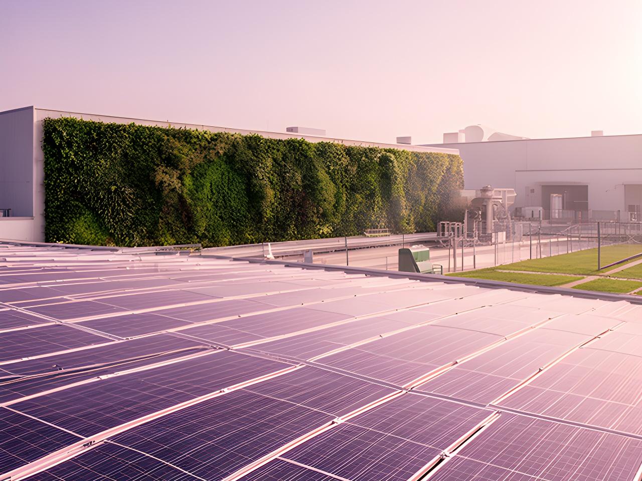 Solar panels on a factory roof beside a green wall and tidy industrial yard
