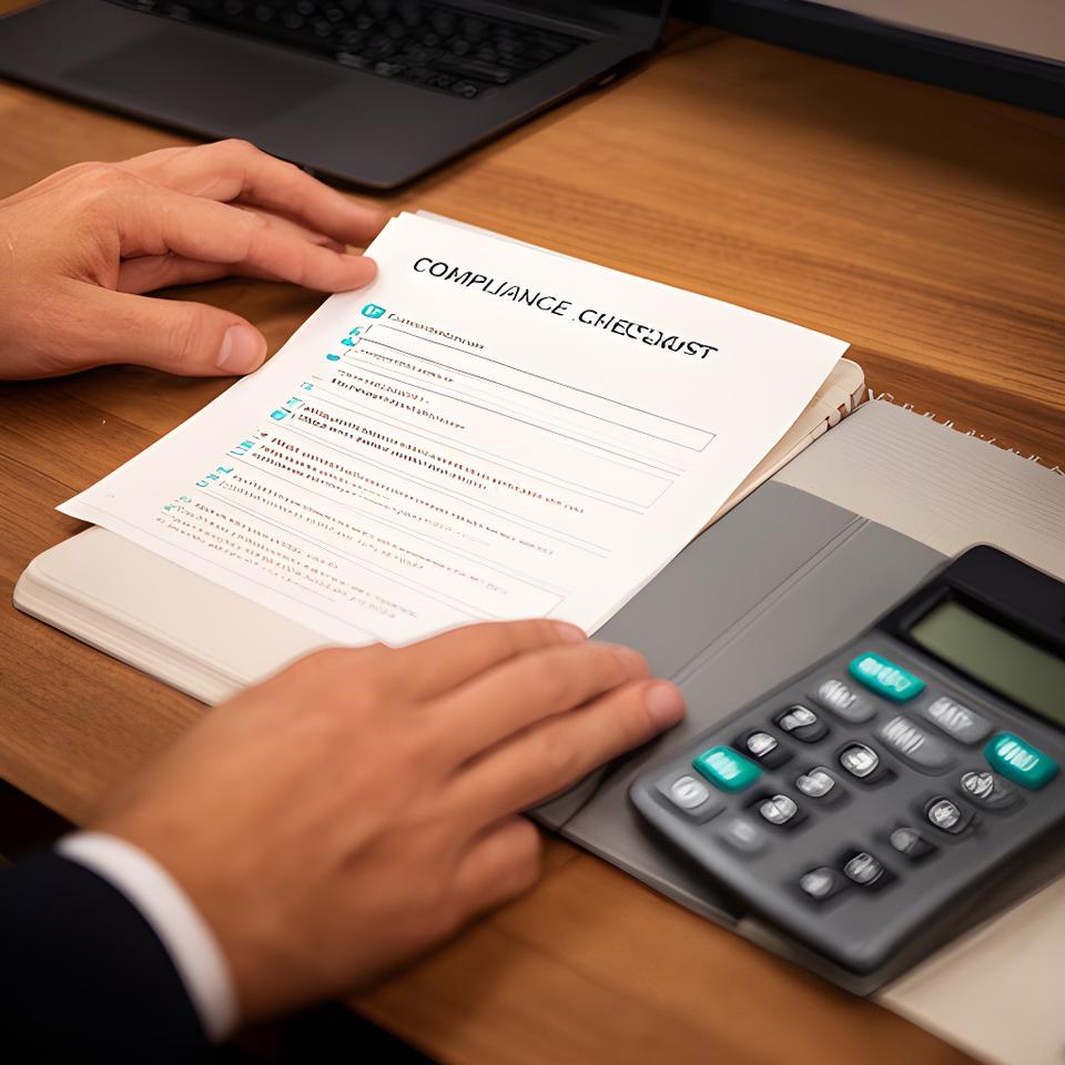 Business owner reviewing a printed checklist beside a notebook and calculator at a wooden table