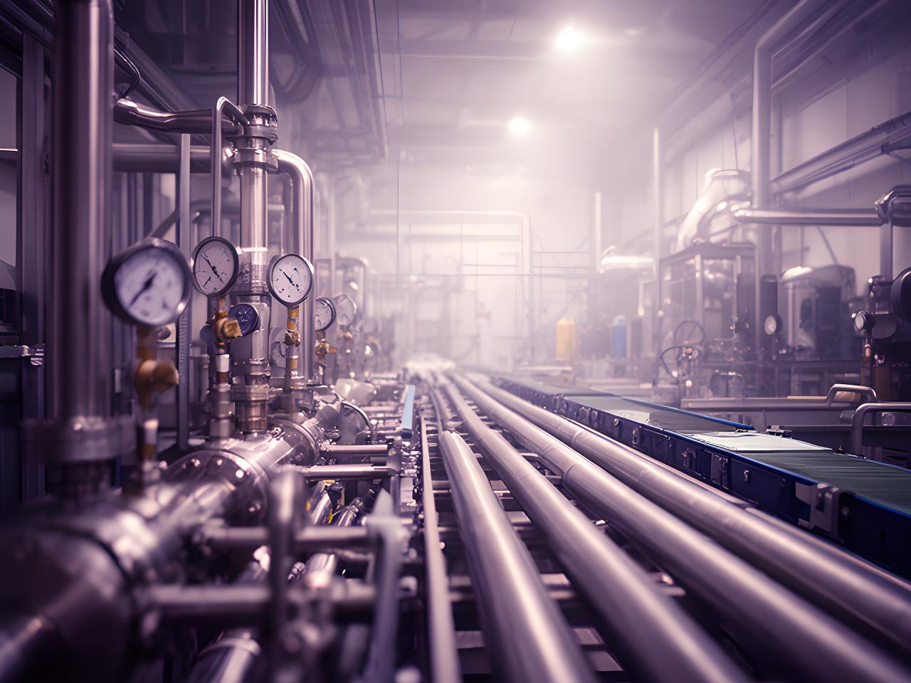 Industrial resource flow with pipes, gauges and conveyors inside a working facility