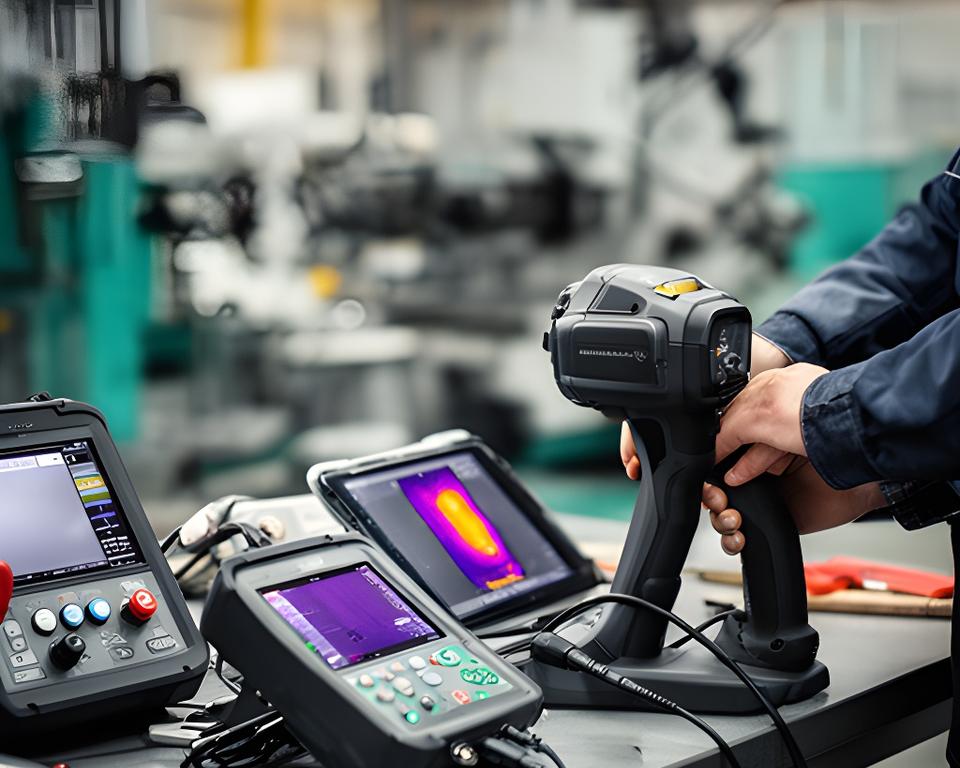 Thermal camera and data tablet beside monitoring equipment on a factory inspection bench
