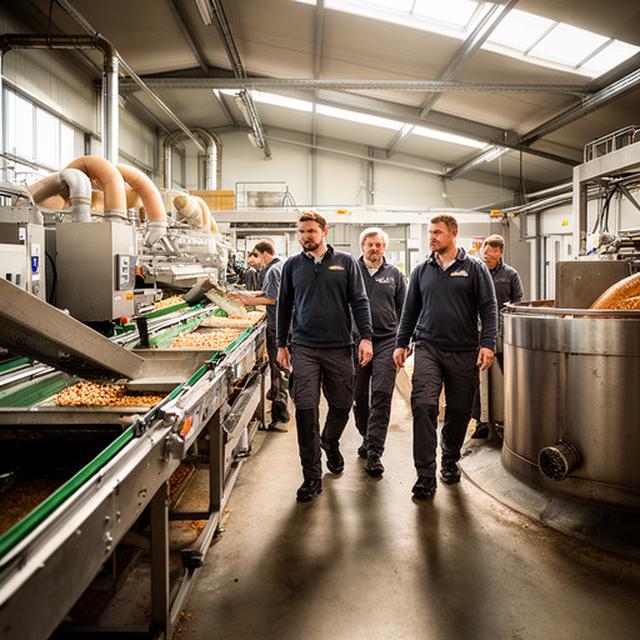Food plant team walking past sorting equipment and an anaerobic digestion feed area