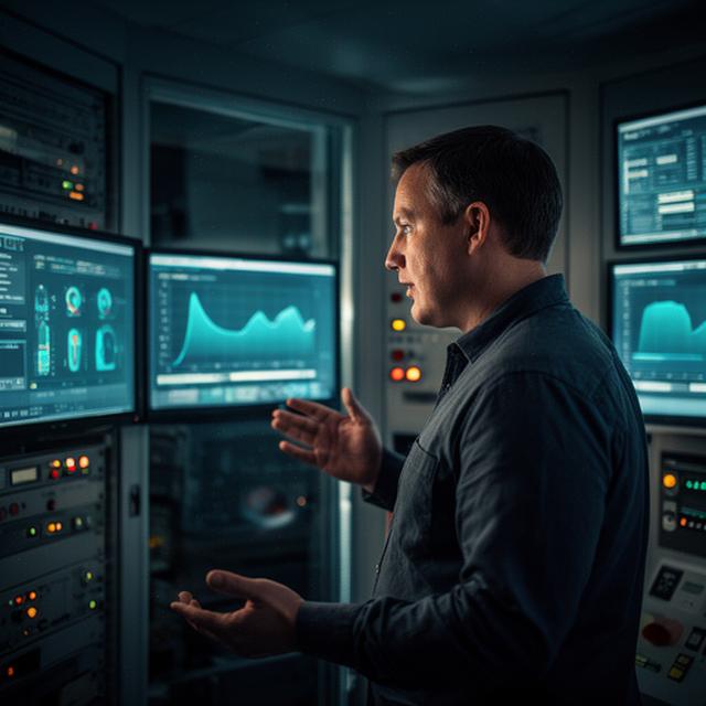 Hospital estates manager reviewing an energy dashboard in a control room
