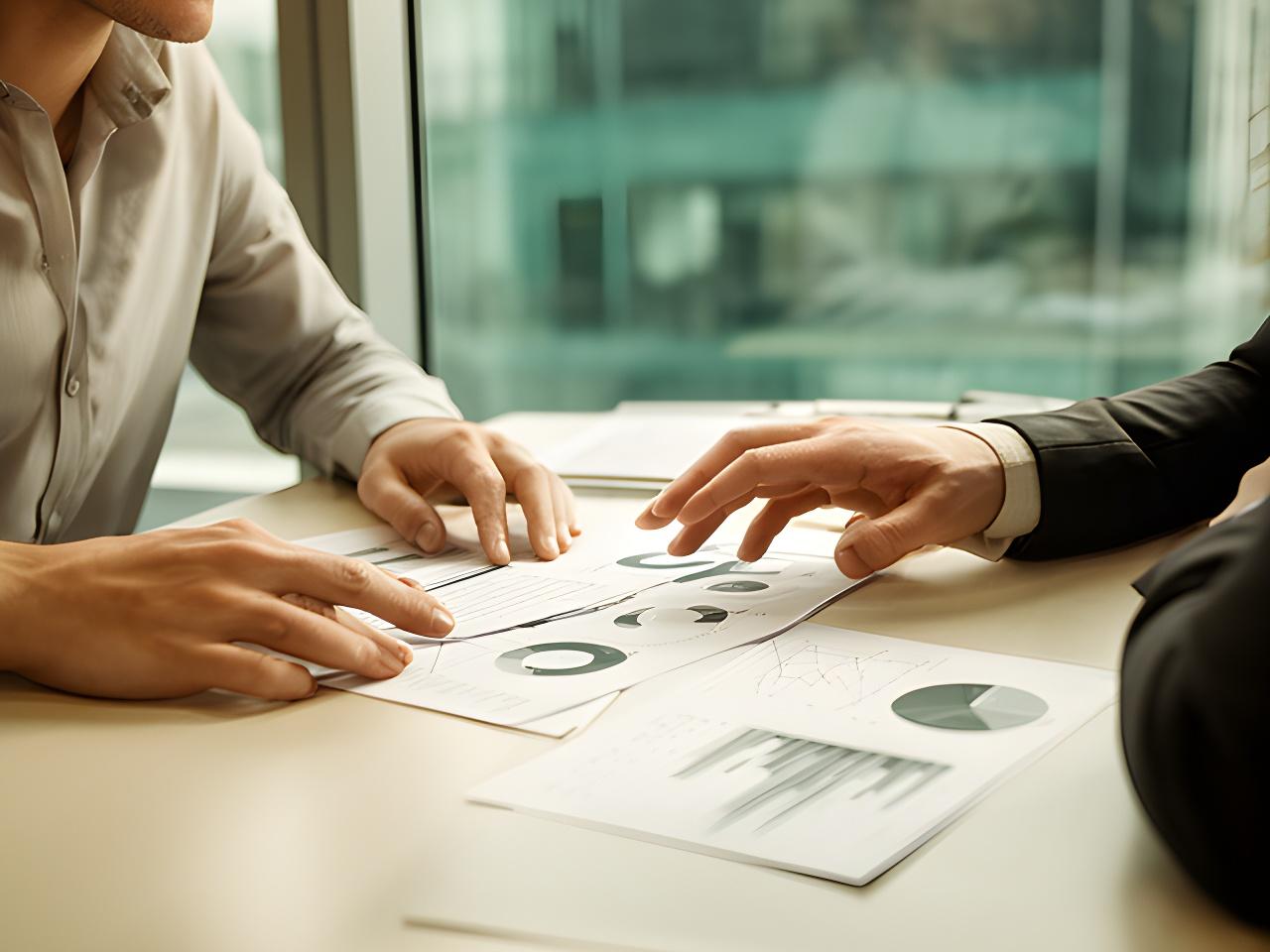 Consultant and client reviewing savings charts beside a glass office window