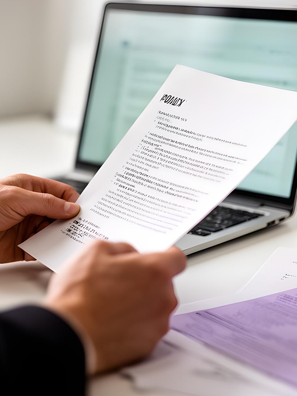 Hands reviewing a printed policy sheet beside a laptop in a tidy office workspace